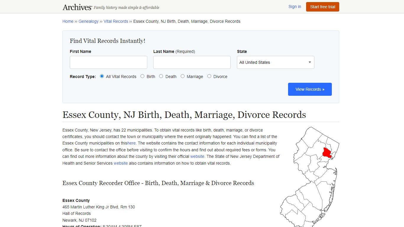 Essex County, NJ Birth, Death, Marriage, Divorce Records - Archives.com