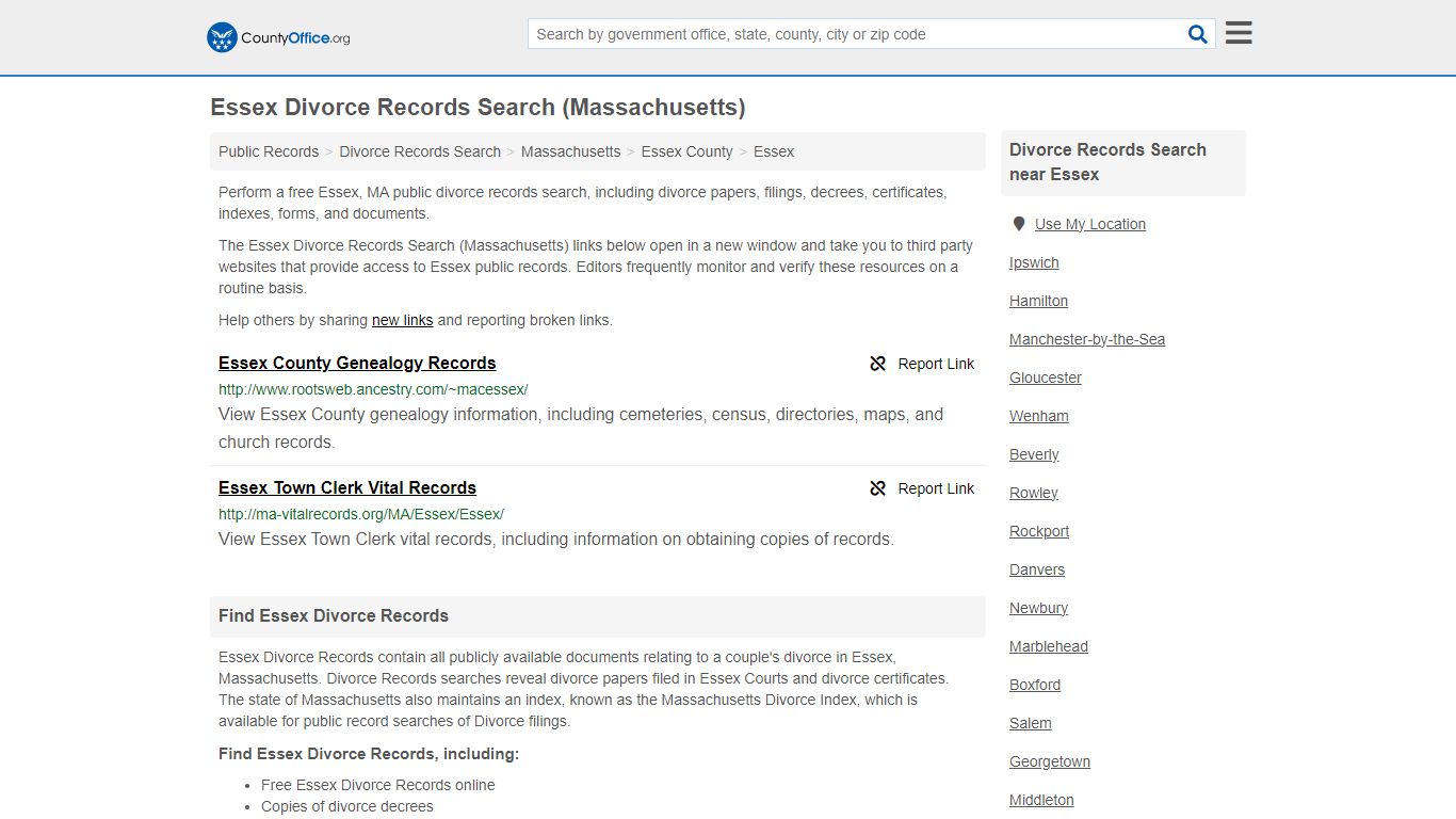 Essex Divorce Records Search (Massachusetts) - County Office
